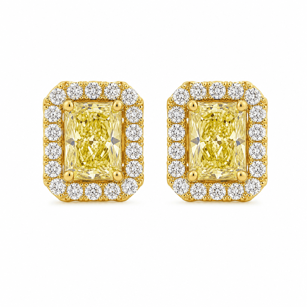 Celestial Radiant Yellow Diamond Halo Stud Earrings