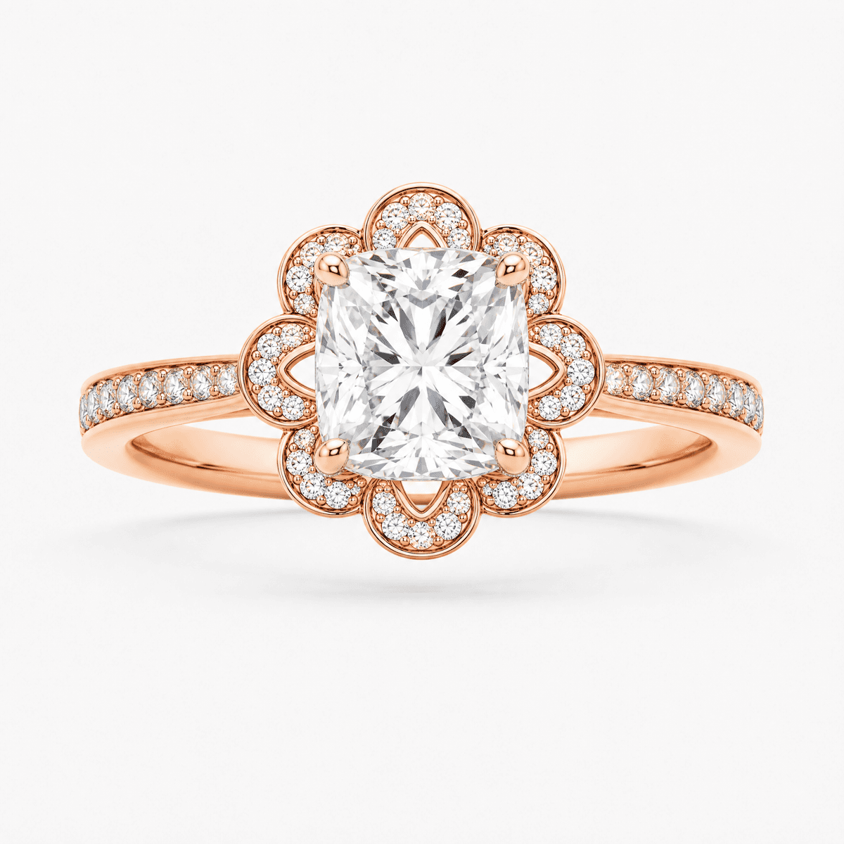 Cushion Cut Floral Halo Ring