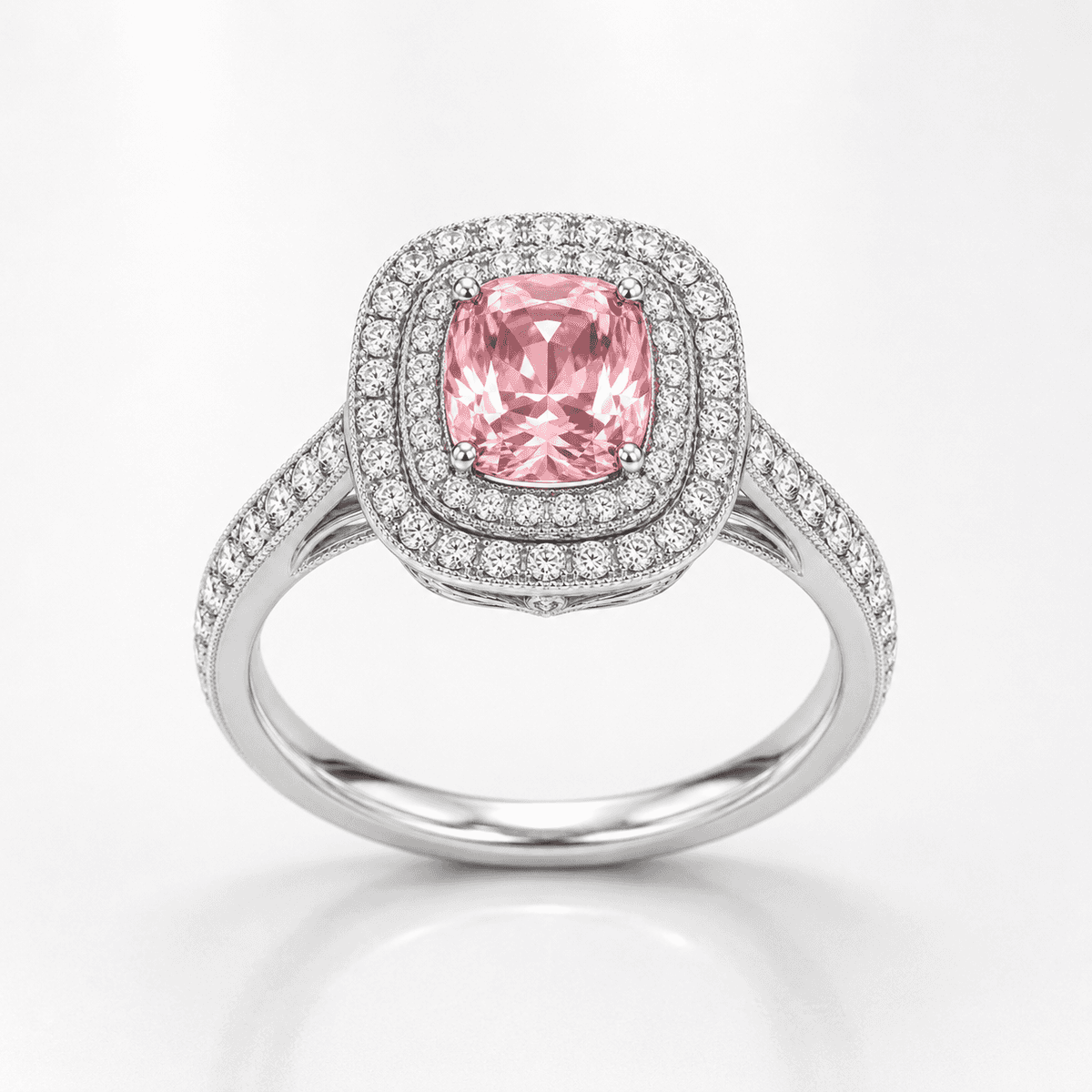Pink Cushion Double Halo Ring