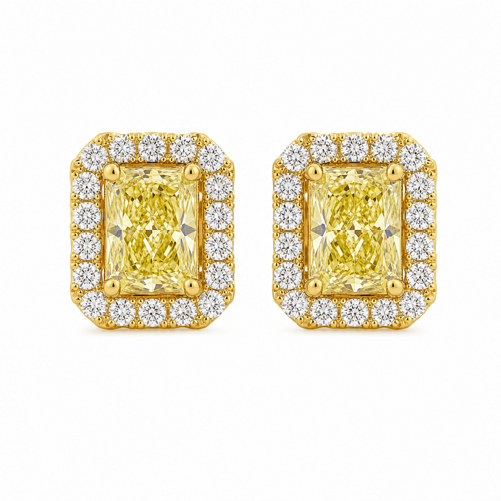 Celestial Radiant Yellow Diamond Halo Stud Earrings