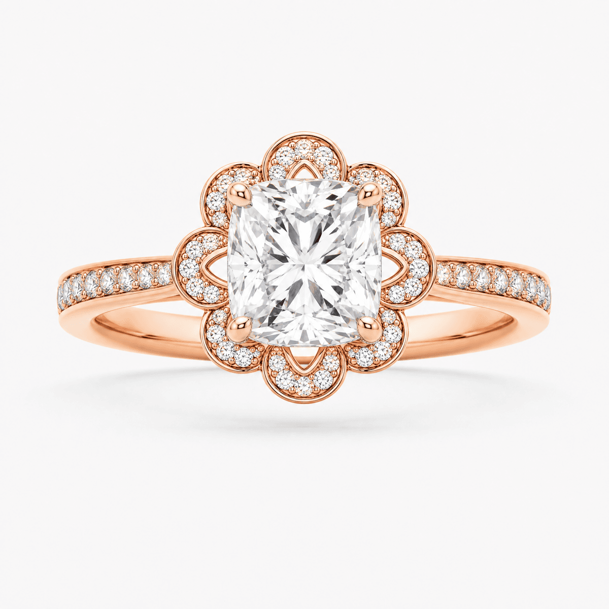 Cushion Cut Floral Halo Ring