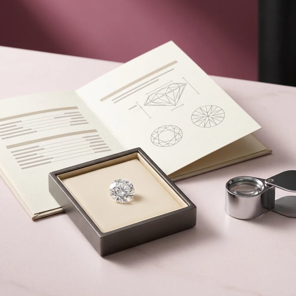 Gemological certification dossier, jeweler's loupe and lab-grown diamond arranged for independent verification