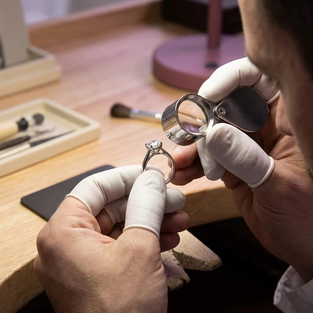 Lab-grown diamond ring undergoing a detailed craftsmanship and setting quality inspection