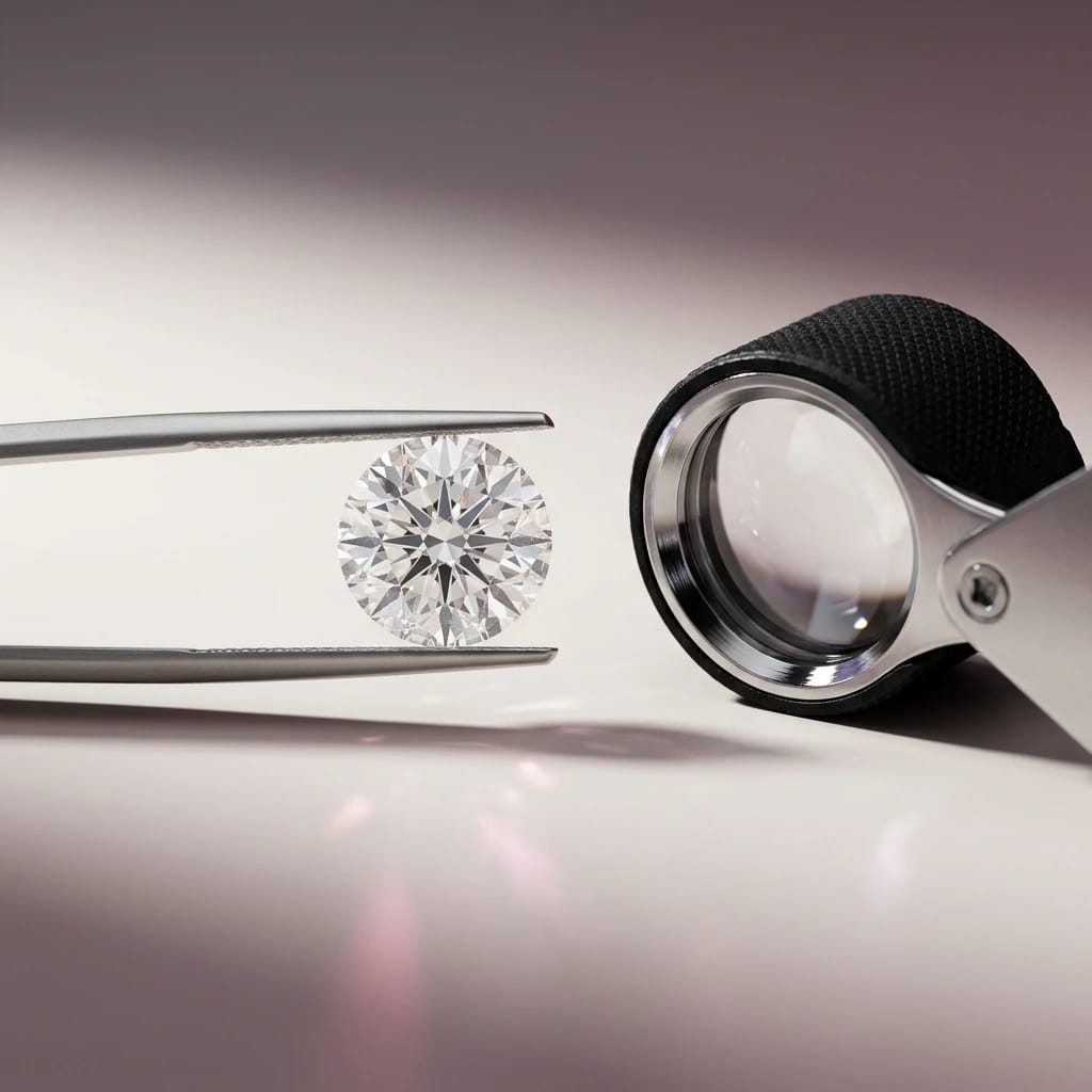 Clear lab-grown diamond examined with tweezers and a jeweler's loupe for VS and VVS clarity