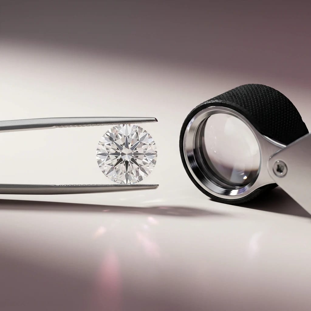 Clear lab-grown diamond examined with tweezers and a jeweler's loupe for VS and VVS clarity