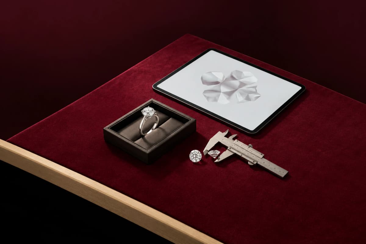 Belaroq jewelry design studio with ring, diamond references, and digital modeling tools