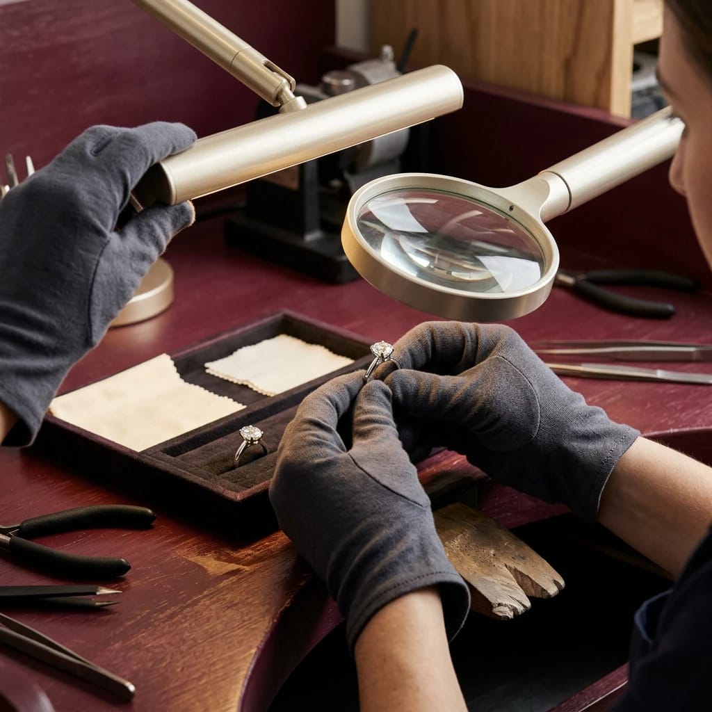 Gloved jeweler inspecting a finished lab-grown diamond ring at a wine-toned atelier bench