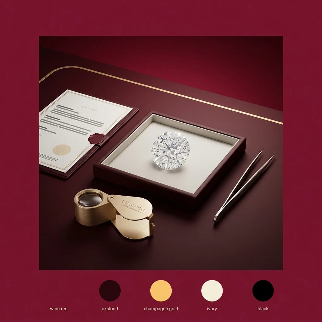 Clear lab-grown diamond with an unbranded grading dossier and loupe on a wine-red inspection desk