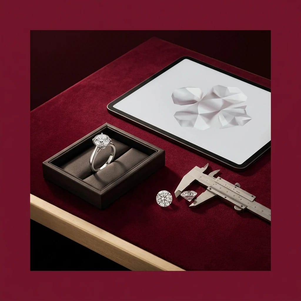 White-gold lab-grown diamond ring, loose diamonds and an abstract design preview on a wine-red atelier desk