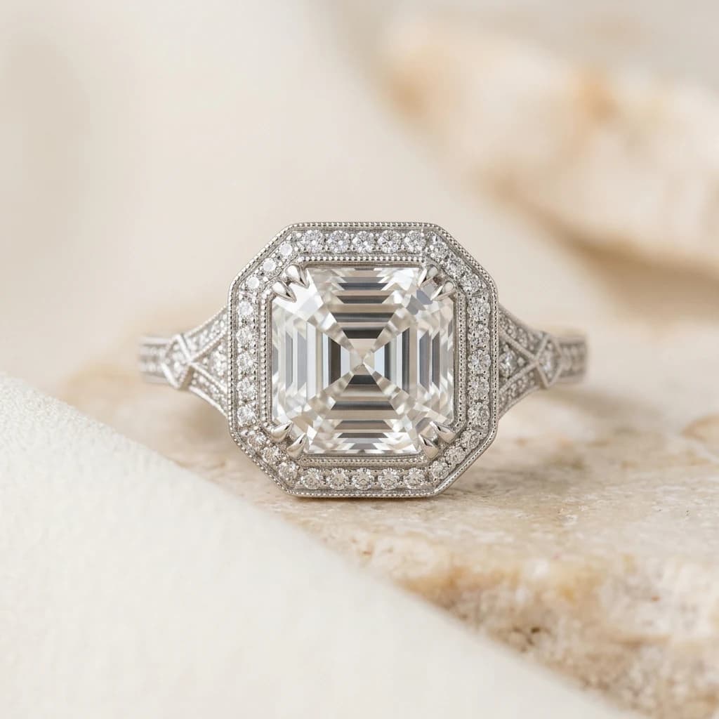 Asscher cut engagement ring in a vintage Art Deco setting with octagonal halo