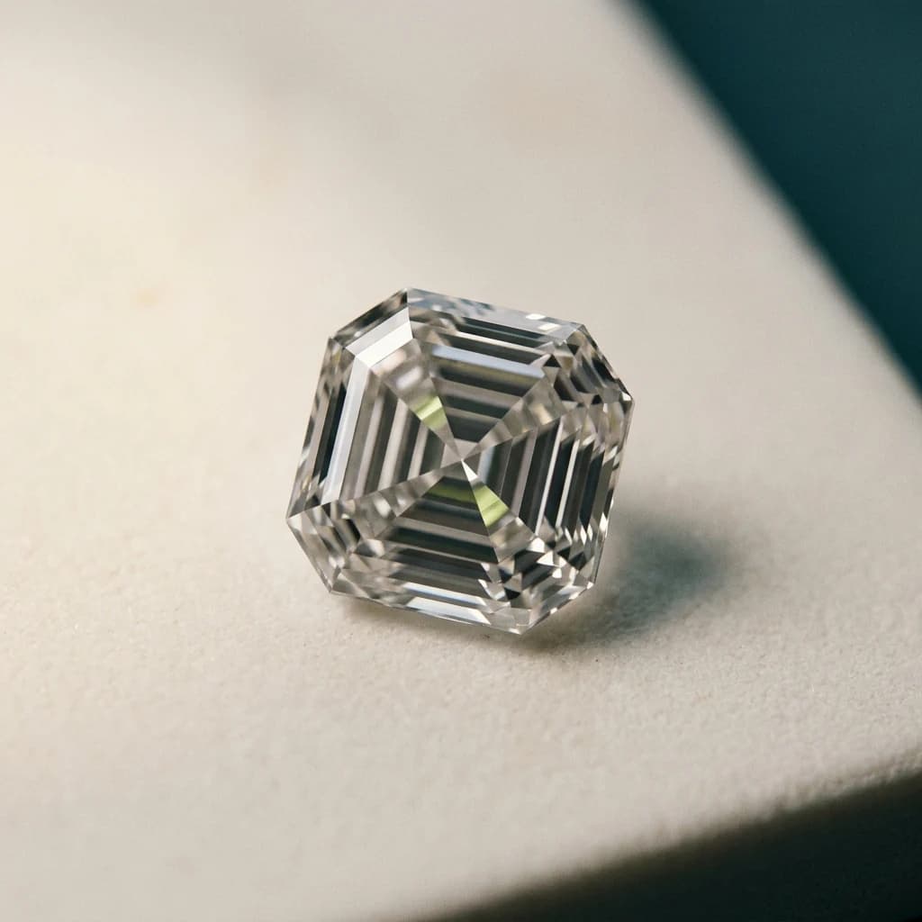 Asscher cut diamond angled view showing deep step facets and mirror reflections