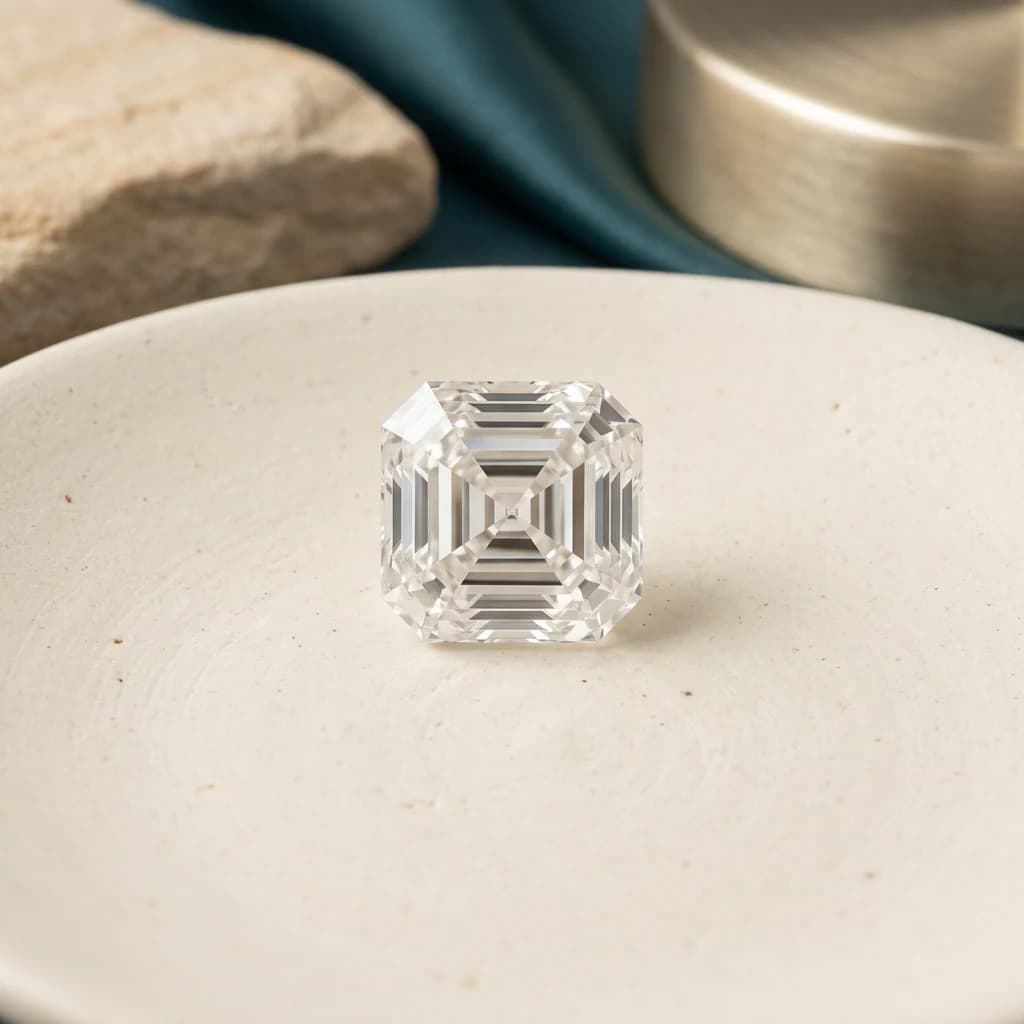 Square Asscher cut diamond with cropped corners and open Art Deco step facets