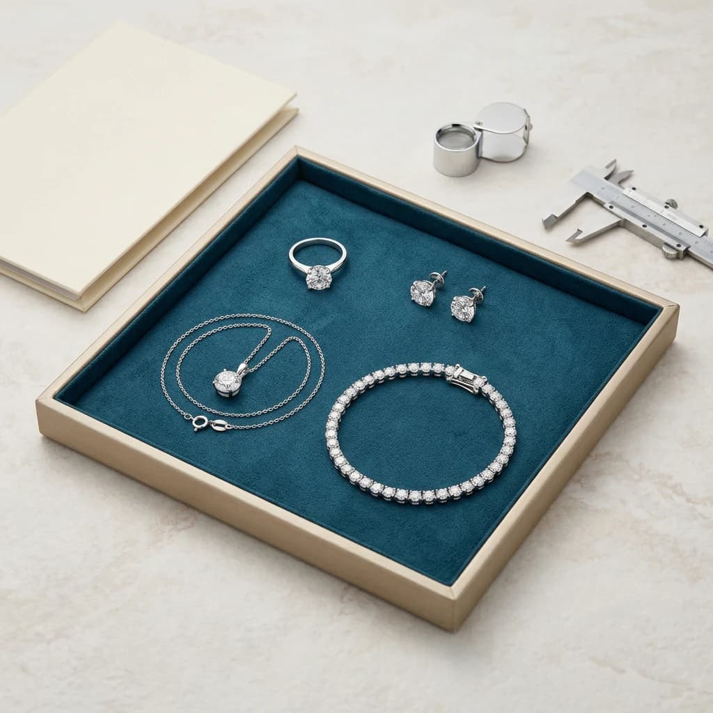 Lab-grown diamond ring, stud earrings, pendant and tennis bracelet with a blank grading-report folder, loupe and caliper