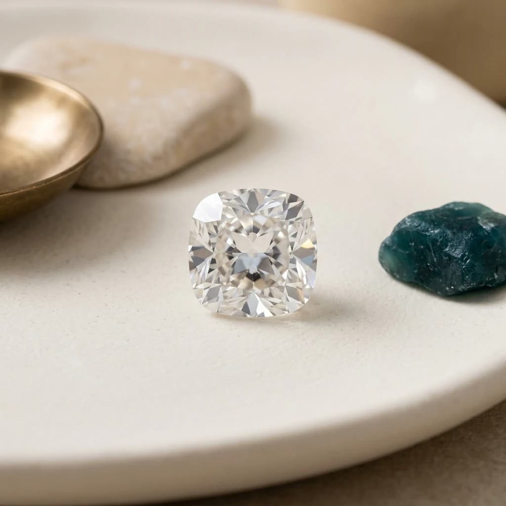 Cushion cut diamond with rounded corners and soft romantic faceting