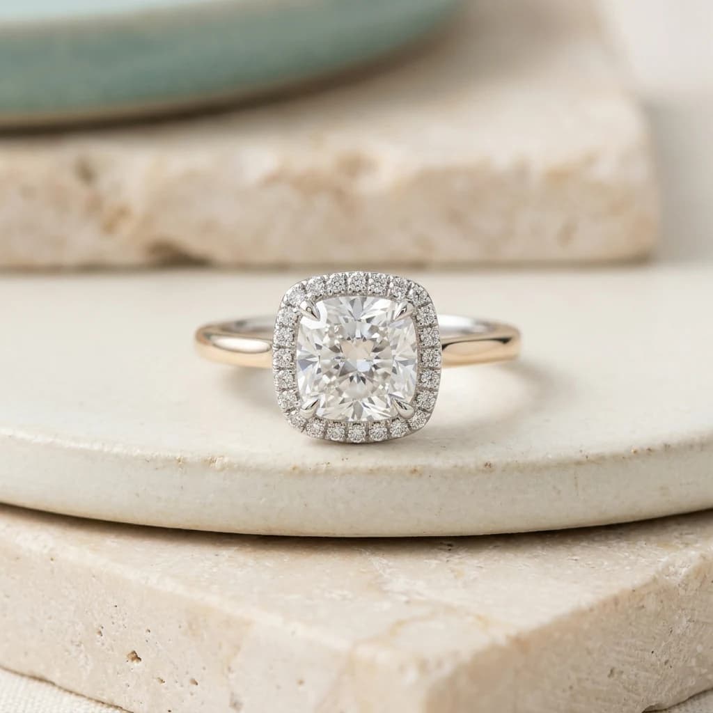 Anillo cojín con halo de pequeños diamantes alrededor de la piedra central