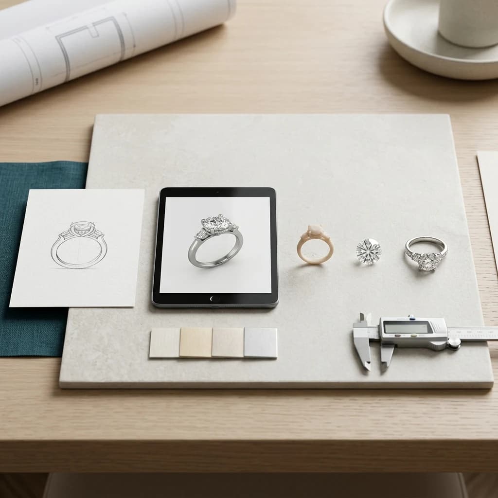 Custom jewelry process shown from ring sketch and CAD model to resin prototype, loose diamond and finished ring
