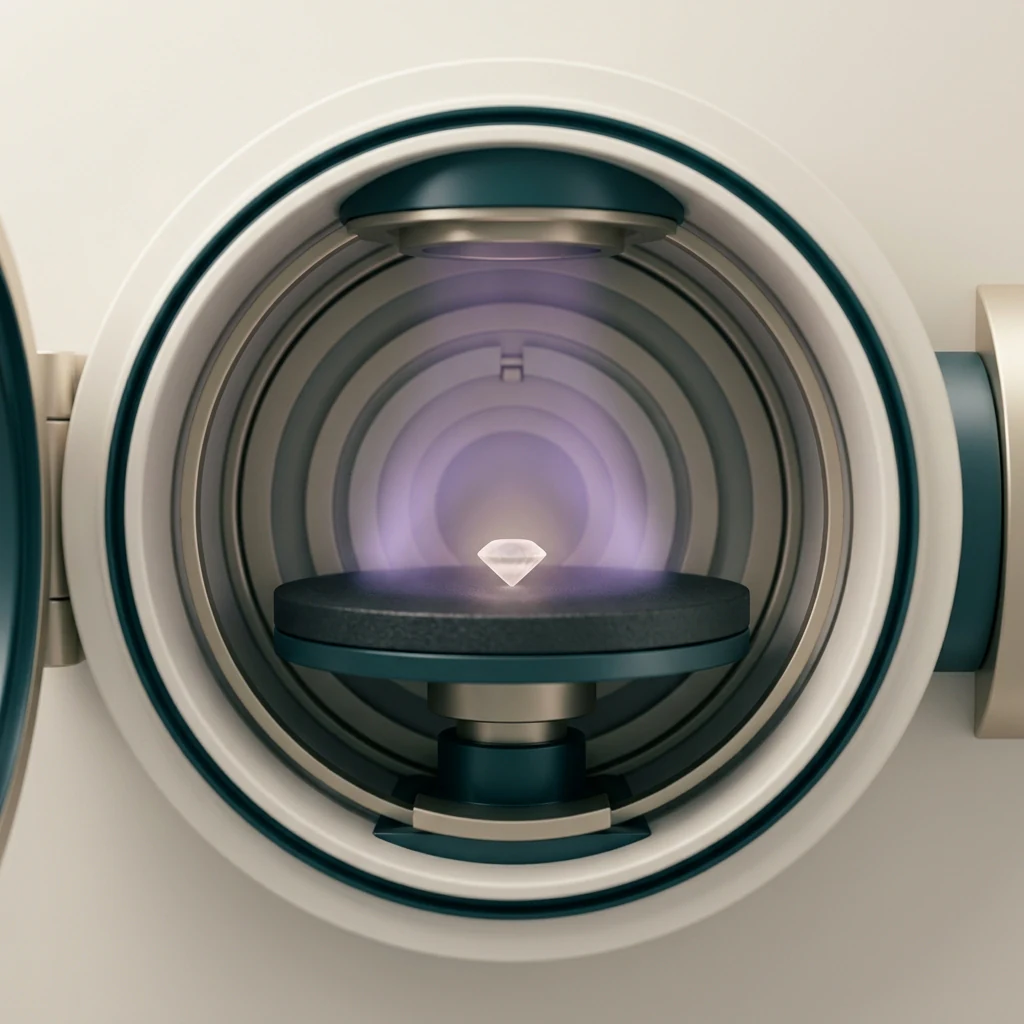 Cámara CVD conceptual con una semilla de diamante bajo un resplandor de plasma violeta