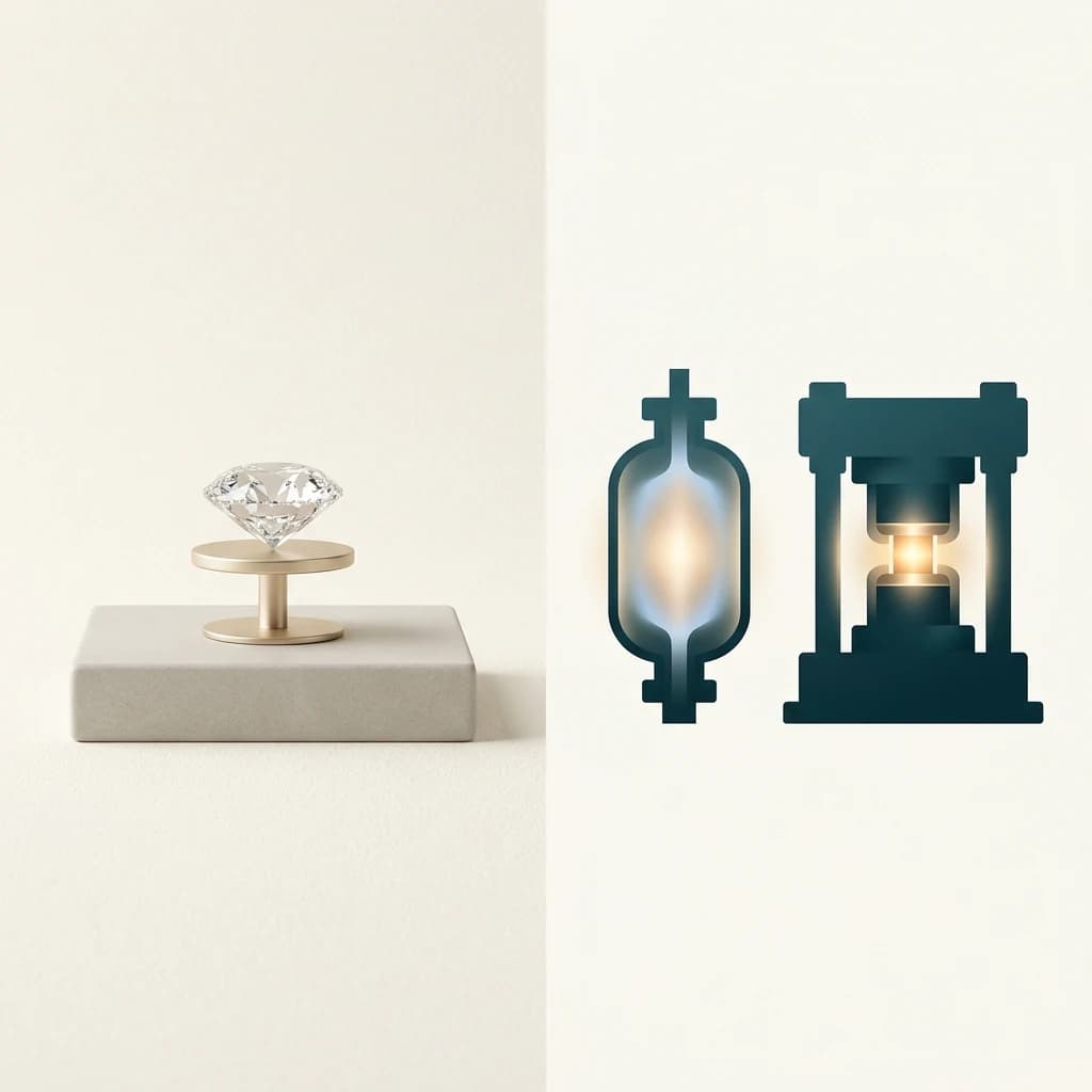 Polished lab-grown diamond beside conceptual plasma chamber and high-pressure press silhouettes