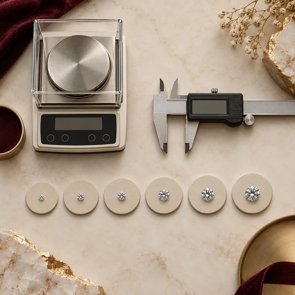 Six round brilliant diamonds in increasing sizes beside a gem scale and digital caliper