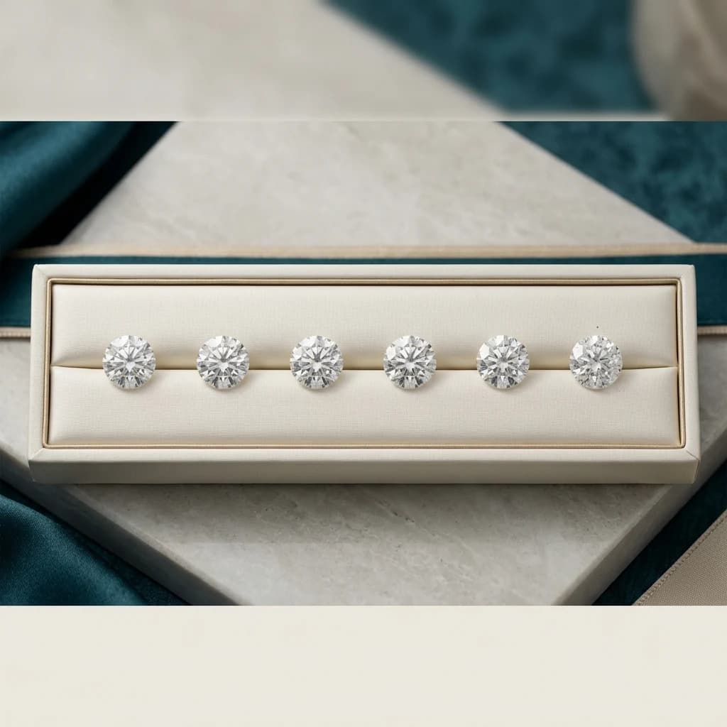 Six polished diamonds in a tray illustrating diamond clarity categories from Flawless to Included