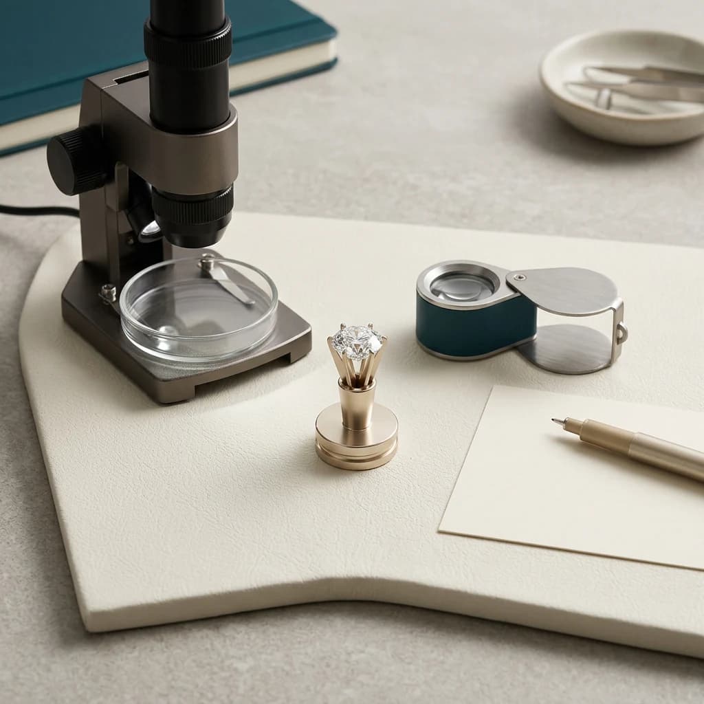 Diamond clarity inspection setup with 10x loupe, gemological microscope and blank plot card