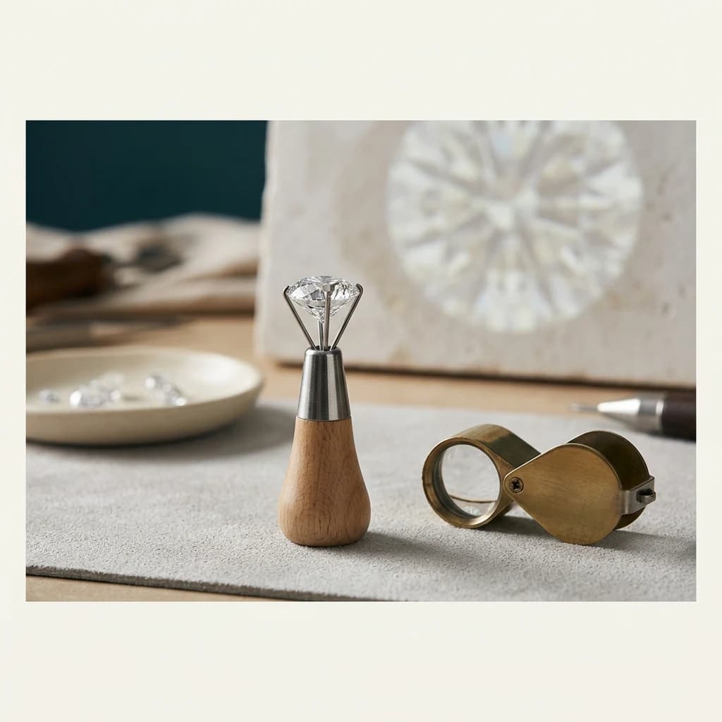 Polished diamond in a gem holder beside a jeweler's loupe with a soft magnified facet background