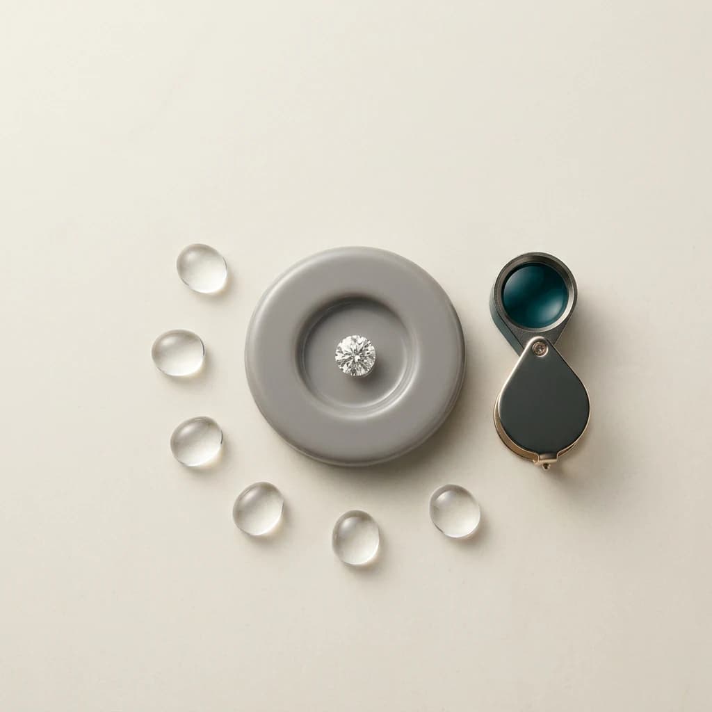 Loose diamond, stone tweezers and jeweler's loupe illustrating clarity inspection at ten-times magnification