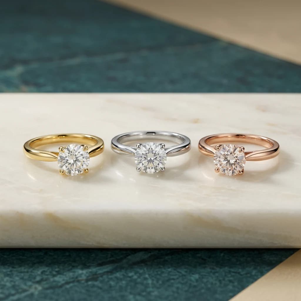 Diamantes casi incoloros comparados en engastes solitarios de oro amarillo, oro blanco y oro rosa