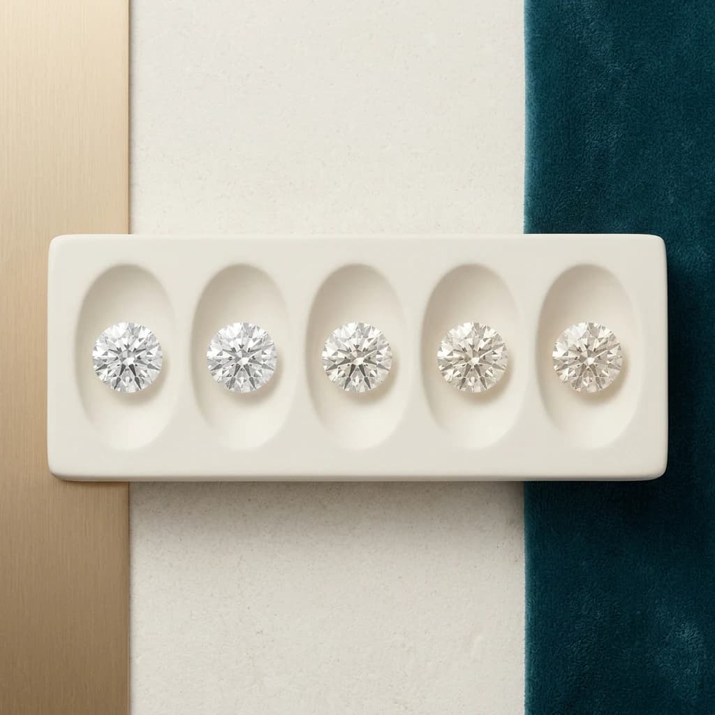 Five polished colorless diamonds arranged in a conceptual colorless-to-faint progression on a grading tray