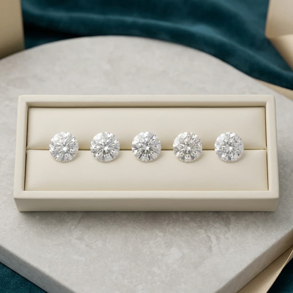 Cinco diamantes redondos con brillos sutilmente diferentes, sugiriendo distintos grados de talla