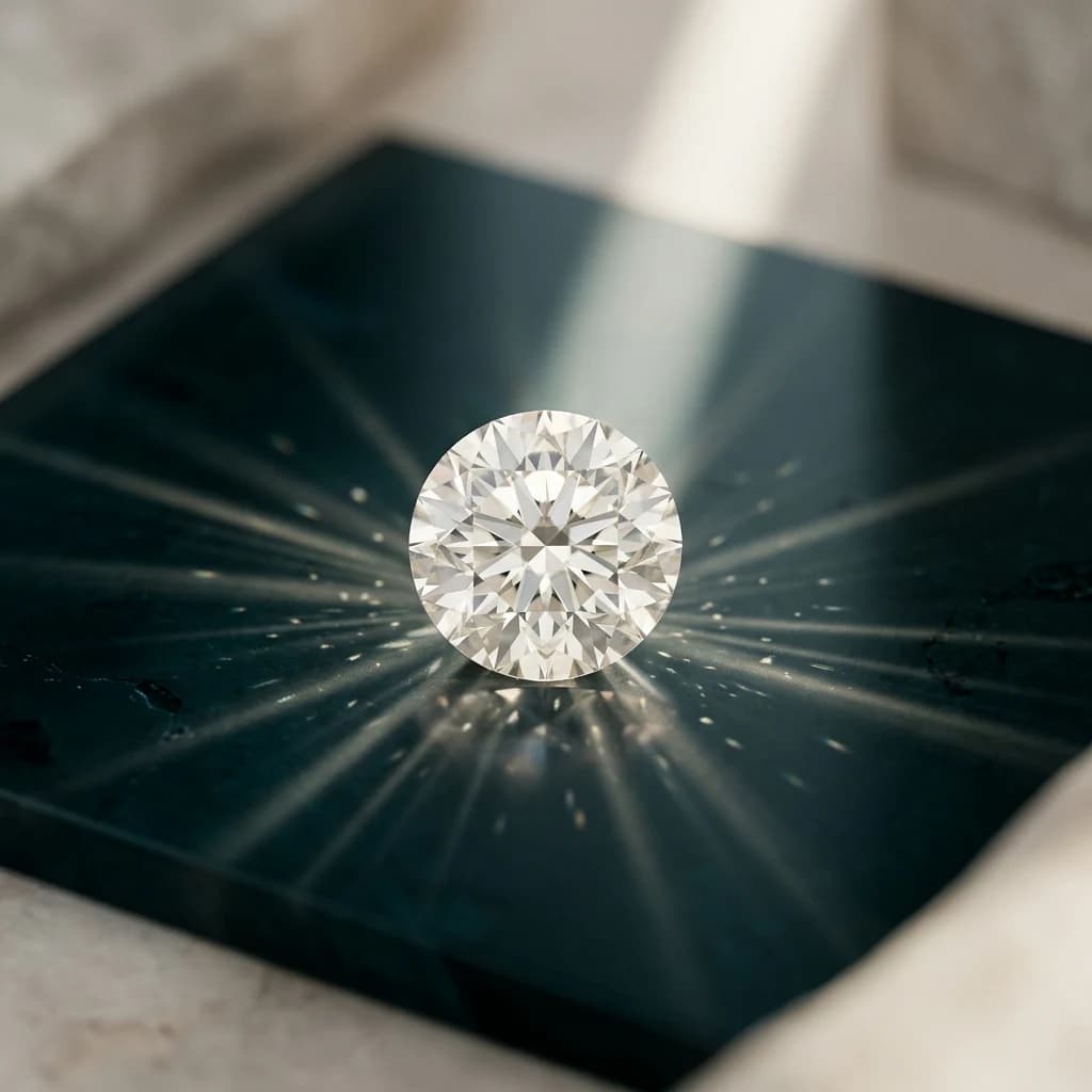Round brilliant diamond with light entering from above and returning as sparkle rays, illustrating cut quality