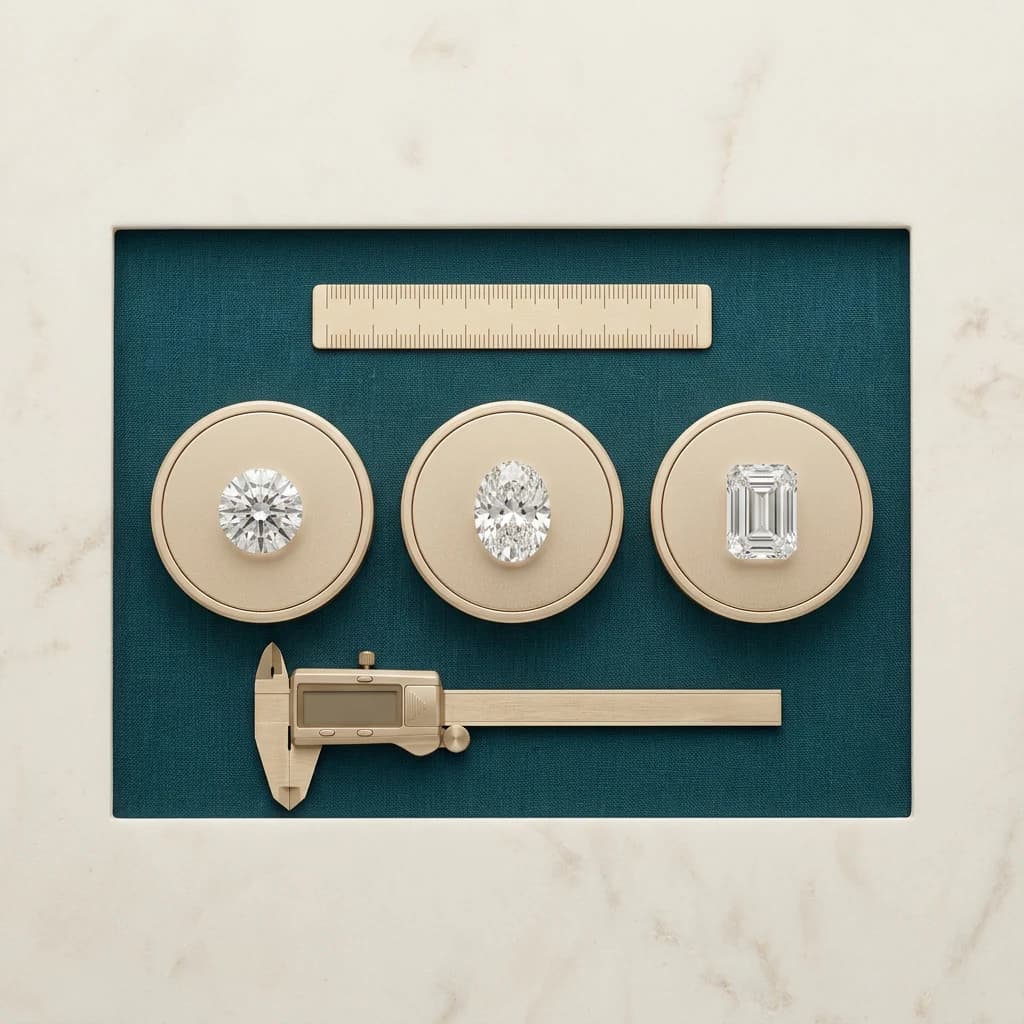 Round, oval and emerald-cut diamonds compared face-up with a caliper and millimeter ruler