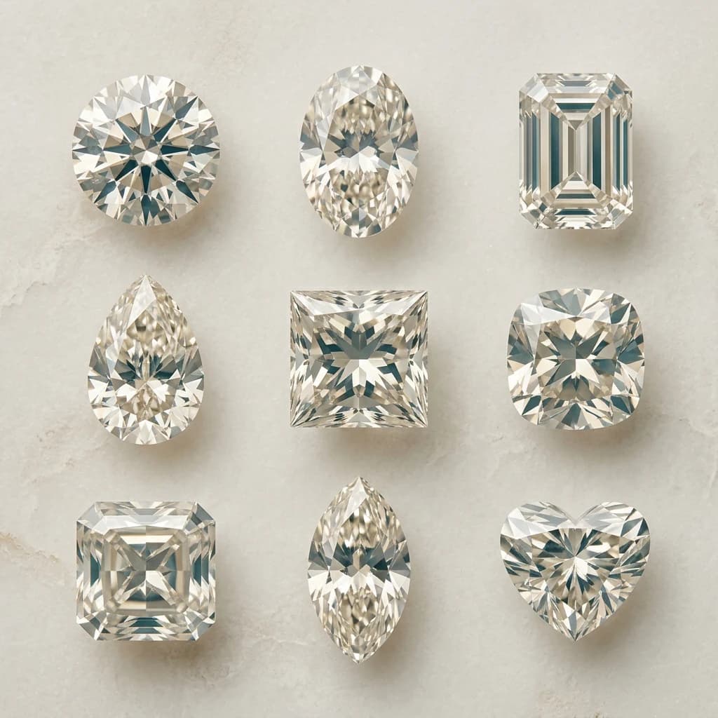 Nine diamond shapes arranged face-up: round, oval, emerald, pear, princess, cushion, radiant, marquise and heart