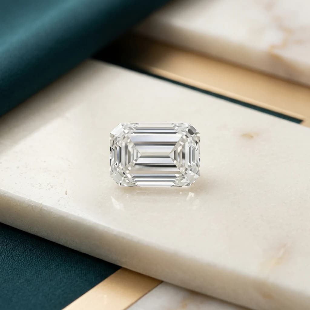 Rectangular emerald cut diamond with cropped corners and parallel step facets