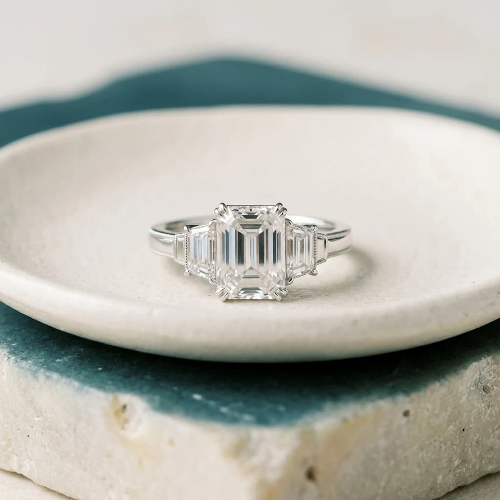 Bague émeraude trois pierres avec diamant central rectangulaire et pierres latérales