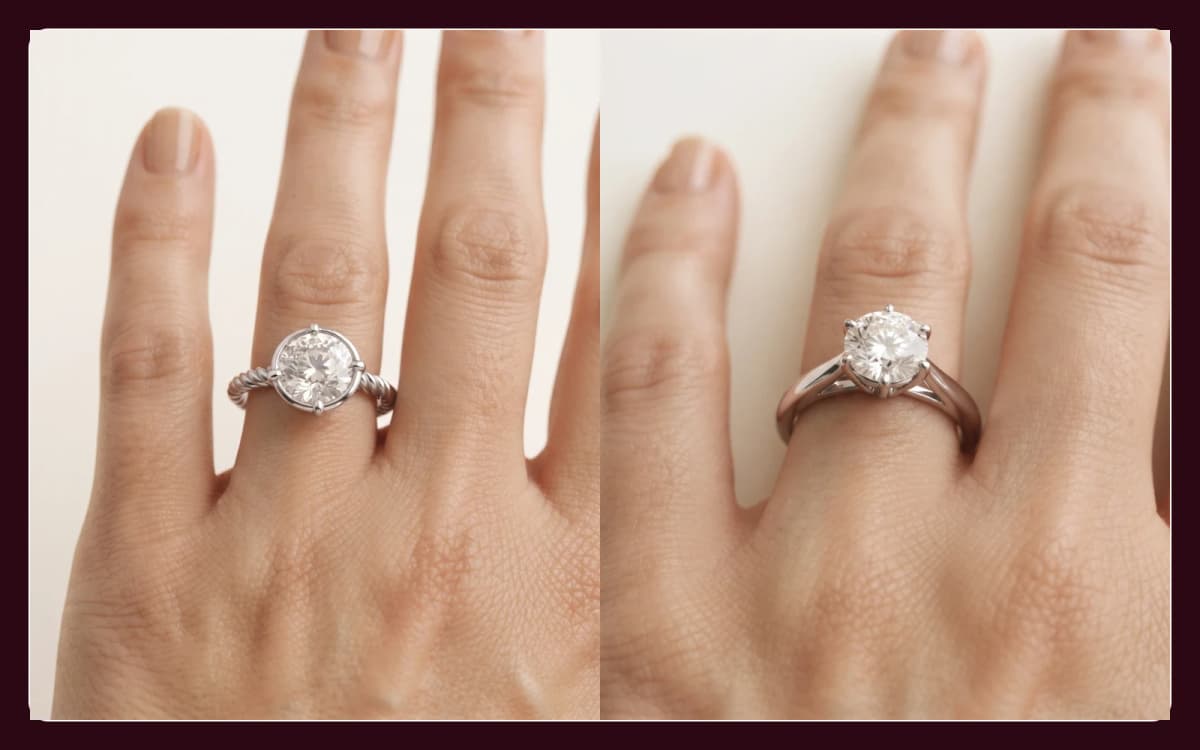 Two Belaroq engagement rings shown side by side on the hand for a setting comparison