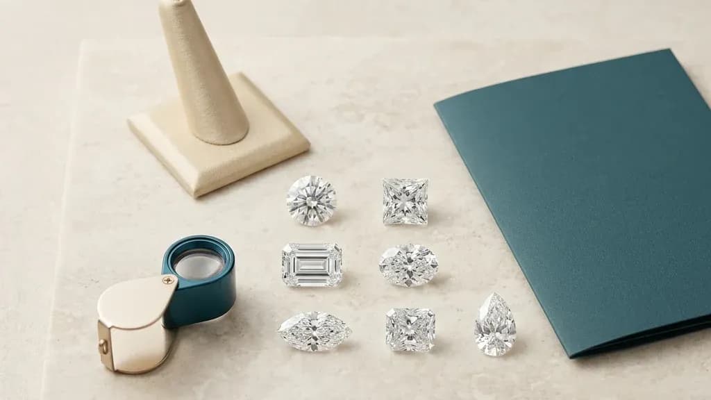 Belaroq jewelry guides hub: polished diamonds in multiple shapes with a loupe and report folder