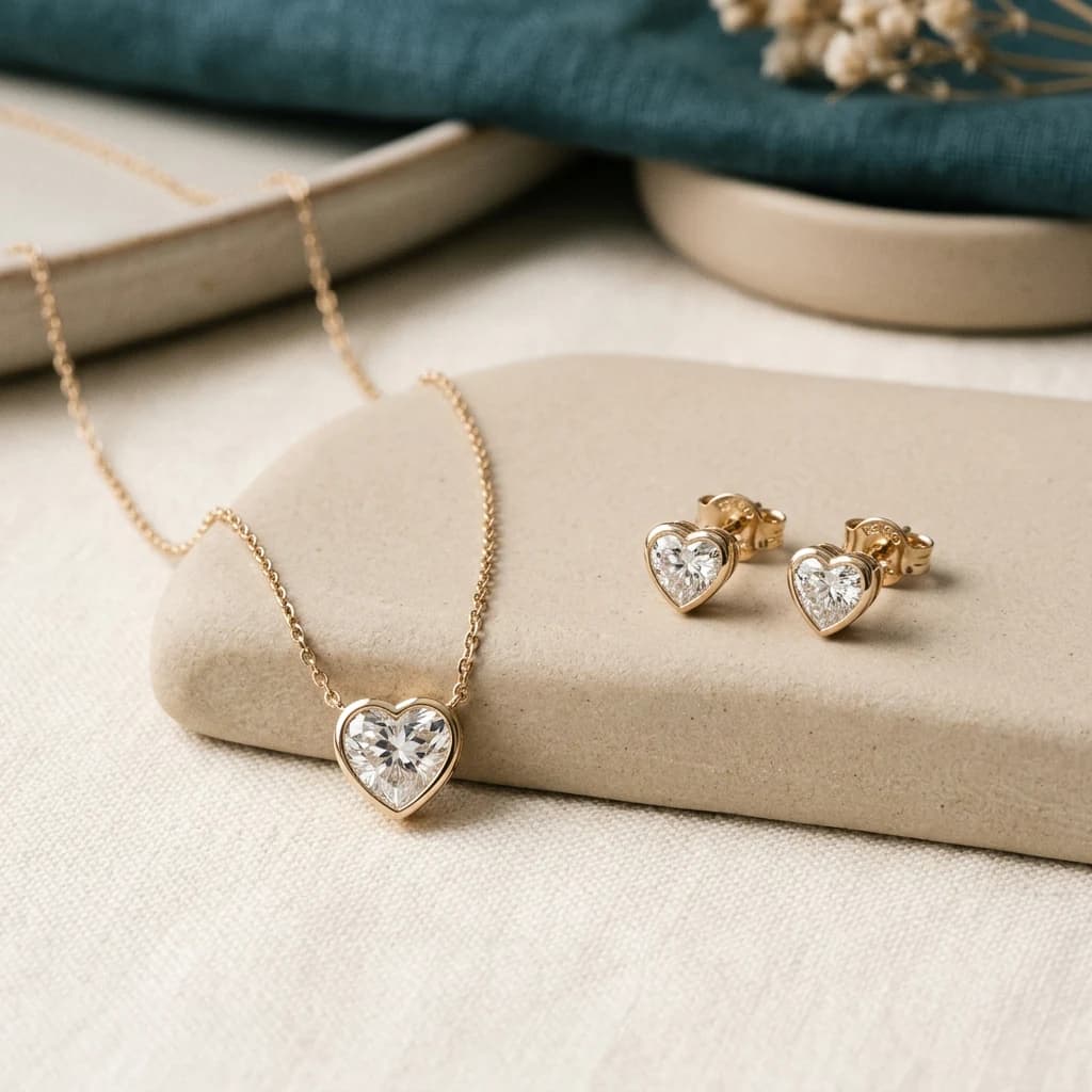 Collar colgante corazón y pendientes a juego con diamantes en forma de corazón