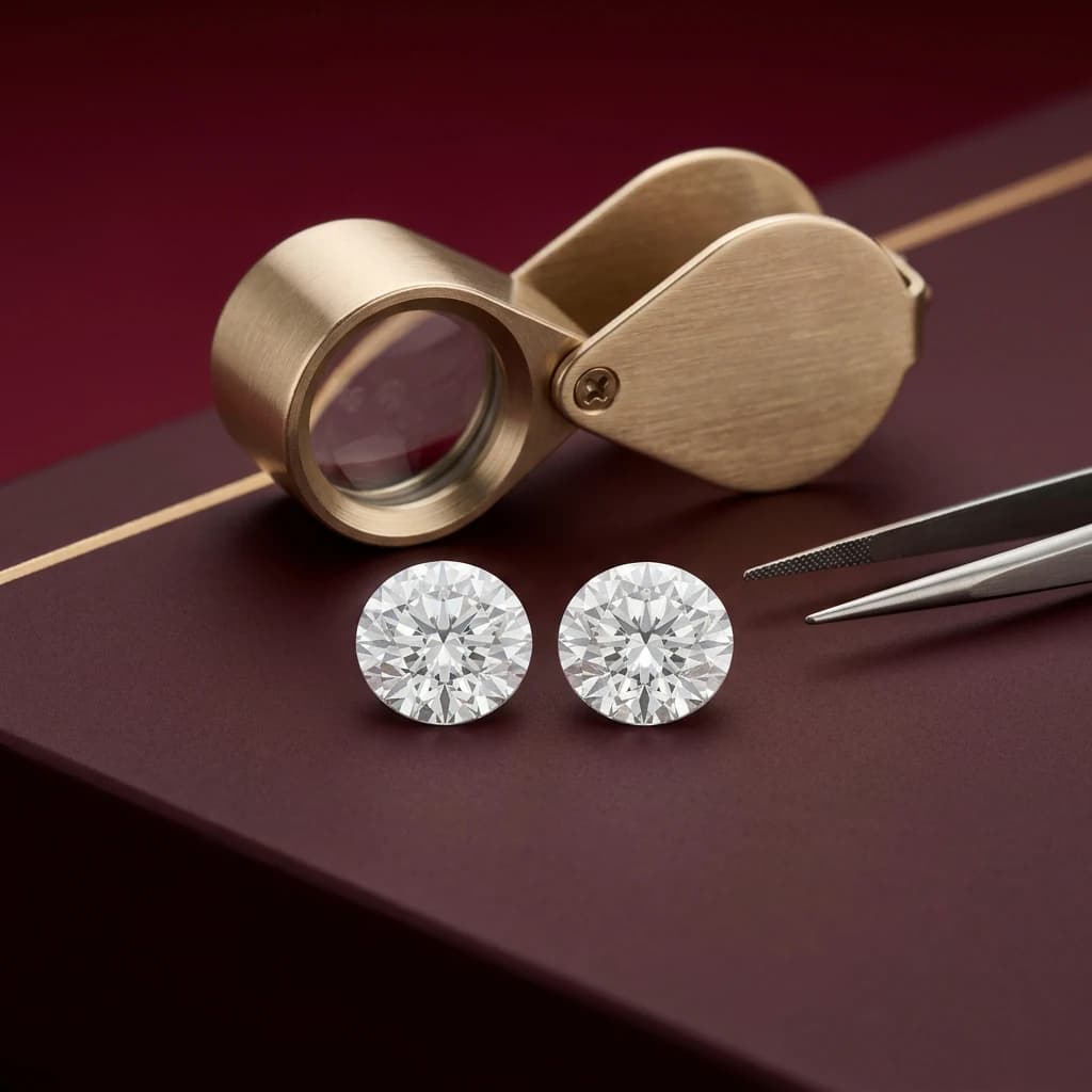 Two matched clear diamonds with a jeweler's loupe on a wine-red and champagne-gold inspection surface