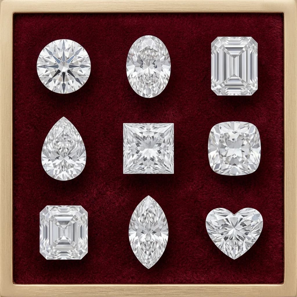 Nine clear diamond shapes arranged on wine-red velvet with a champagne-gold tray edge