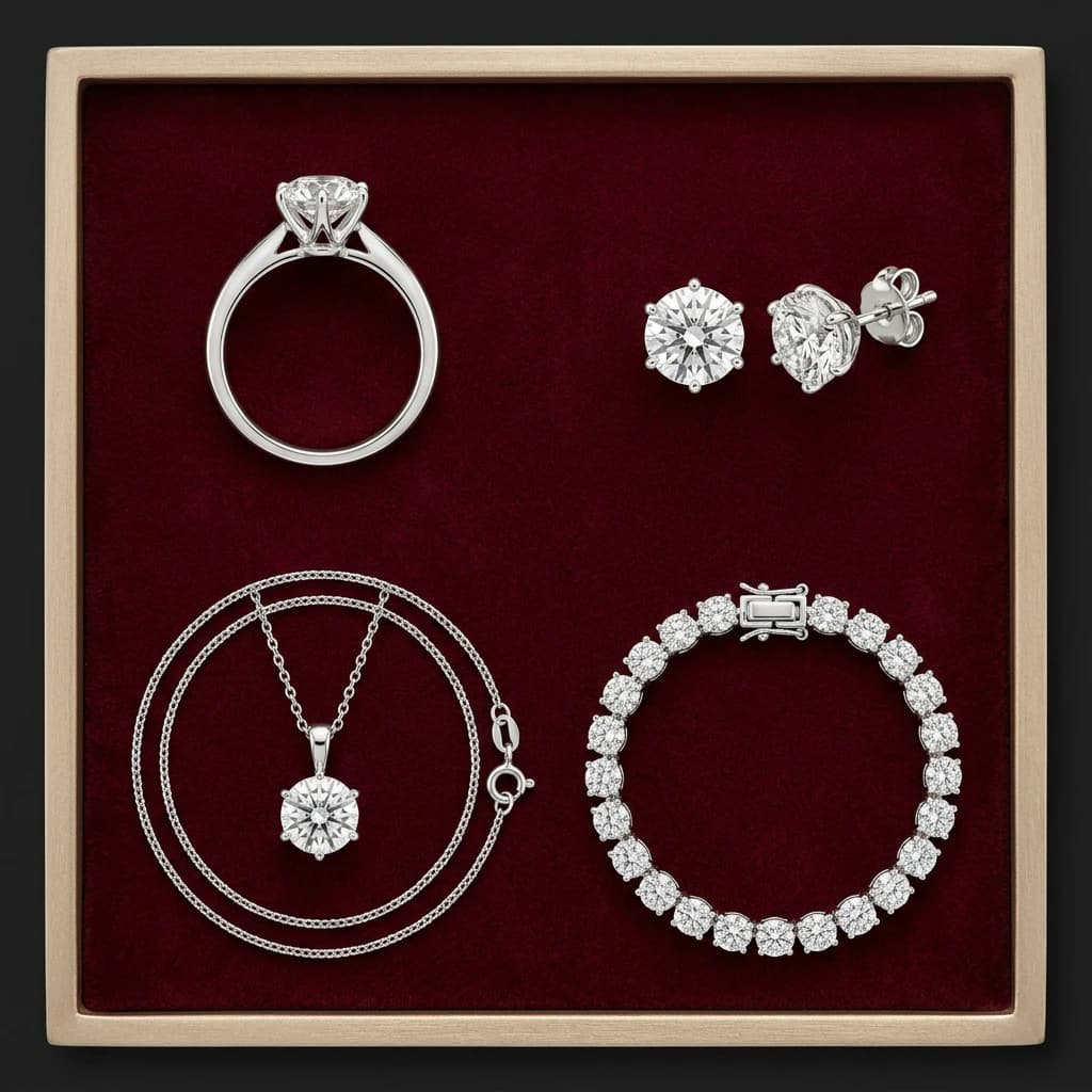 Ring, stud earrings, pendant and tennis bracelet arranged on wine-red velvet with champagne-gold details