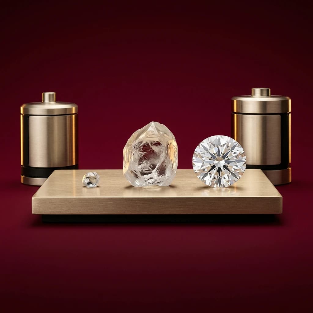 Diamond seed, rough lab-grown crystal and polished diamond in a wine-red and champagne-gold laboratory still life