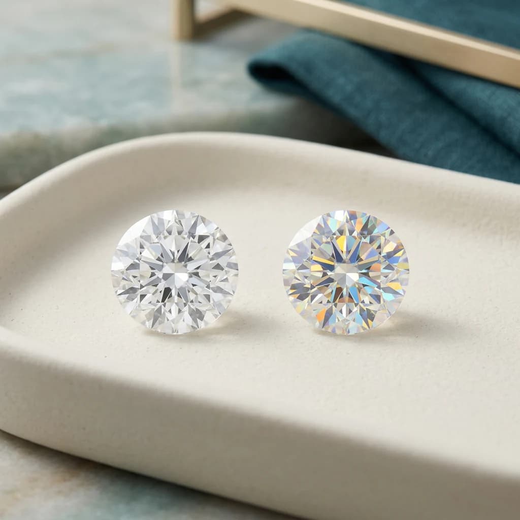 Two gemstones side by side, one with white diamond sparkle and one with stronger rainbow fire