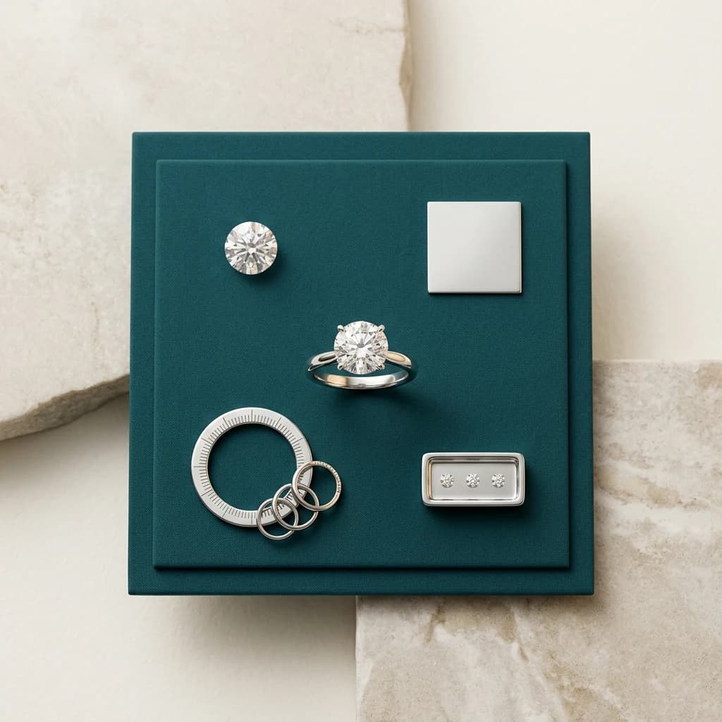 Finished lab-grown diamond ring with loose stone, metal swatch, sizing gauge, caliper and accent-stone tray