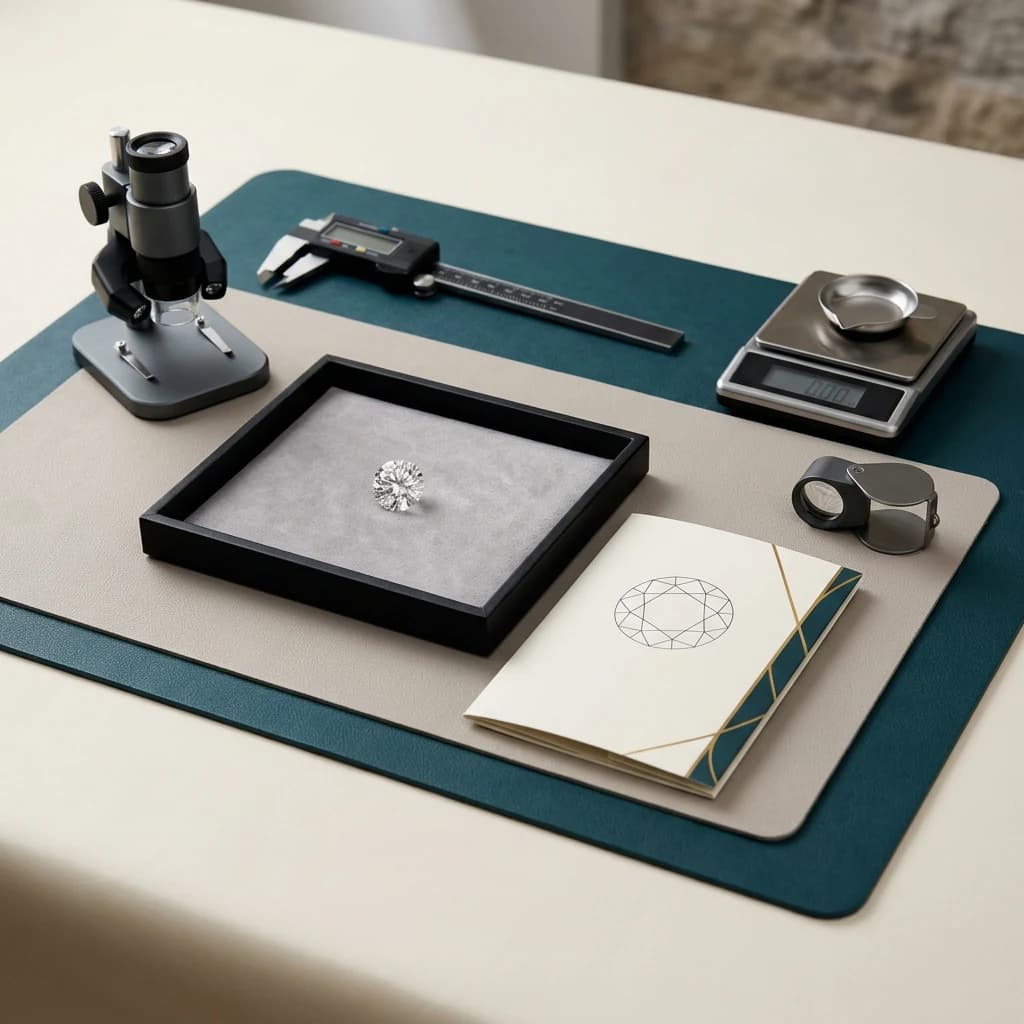 Diamant de laboratoire libre avec dossier de rapport vierge, loupe, balance, pied à coulisse et microscope d'inscription