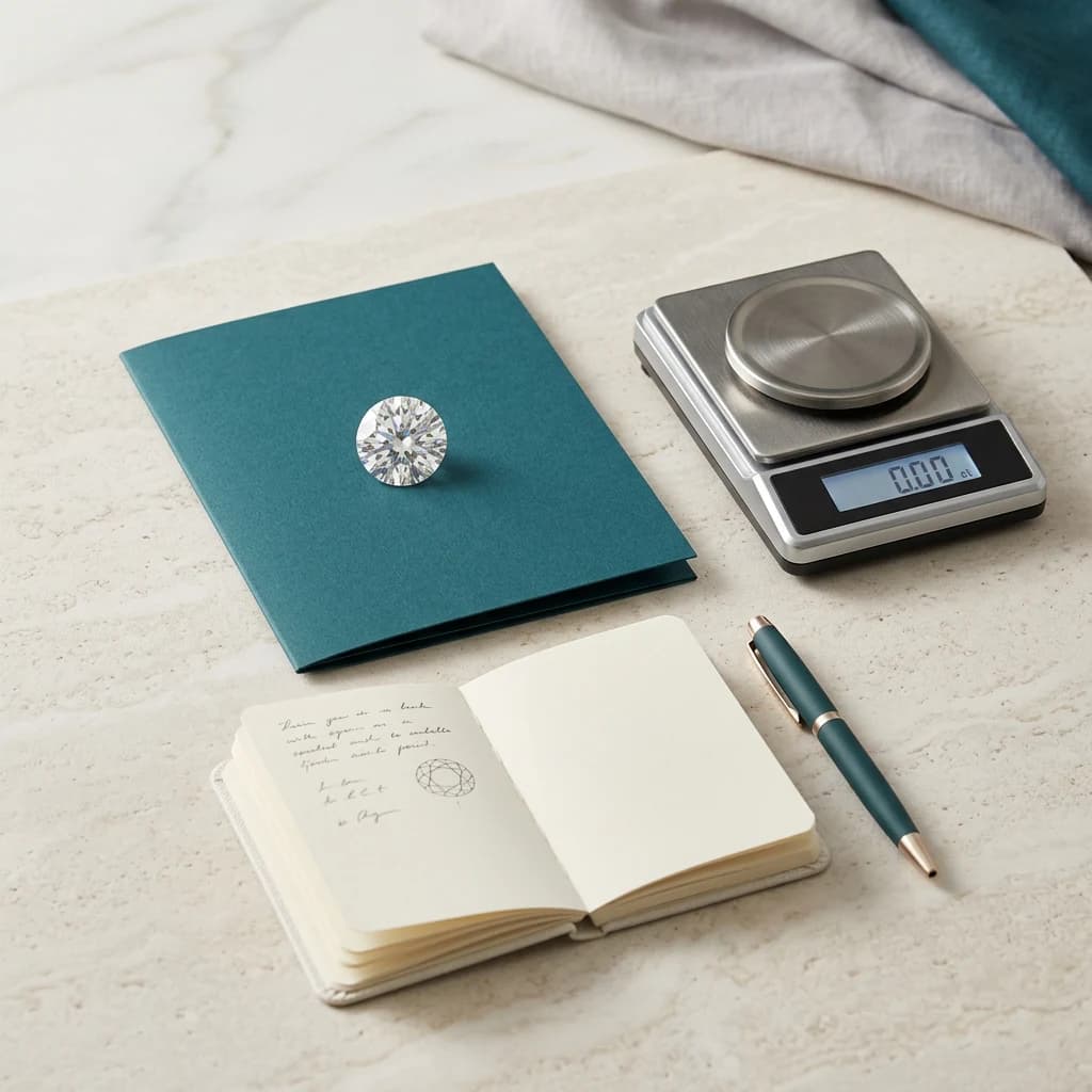 Polished diamond beside a blank price-tag folder, precision scale and blank notebook