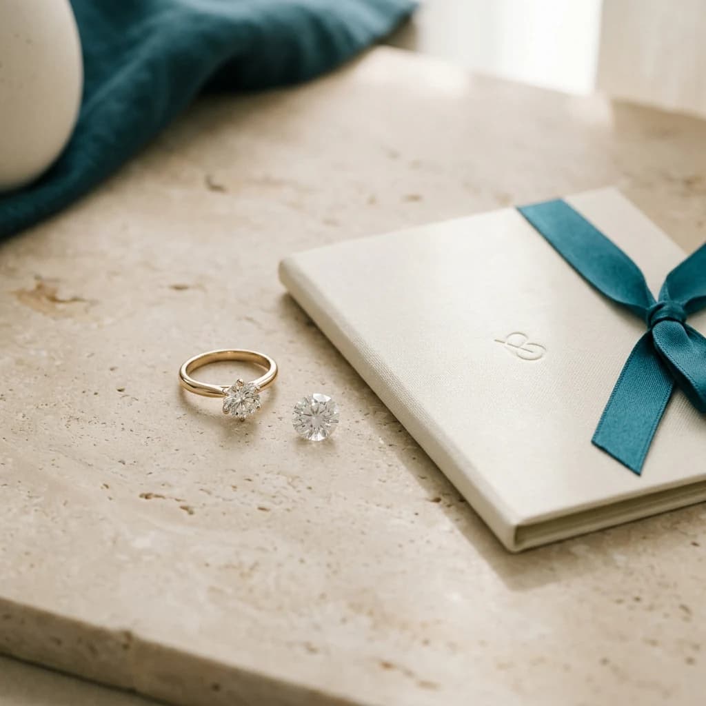 Polished lab-grown diamond with a delicate gold ring and an ivory report folder in soft light