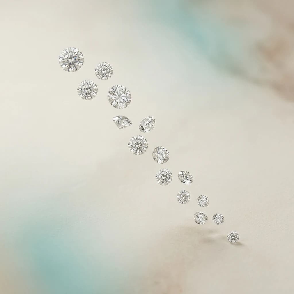 Polished diamonds floating along a gently descending line, suggesting price accessibility