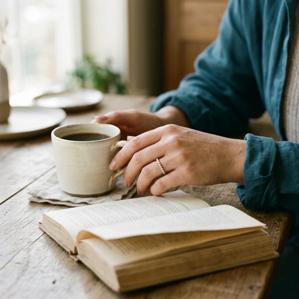 Hand wearing a delicate diamond ring during an everyday coffee moment