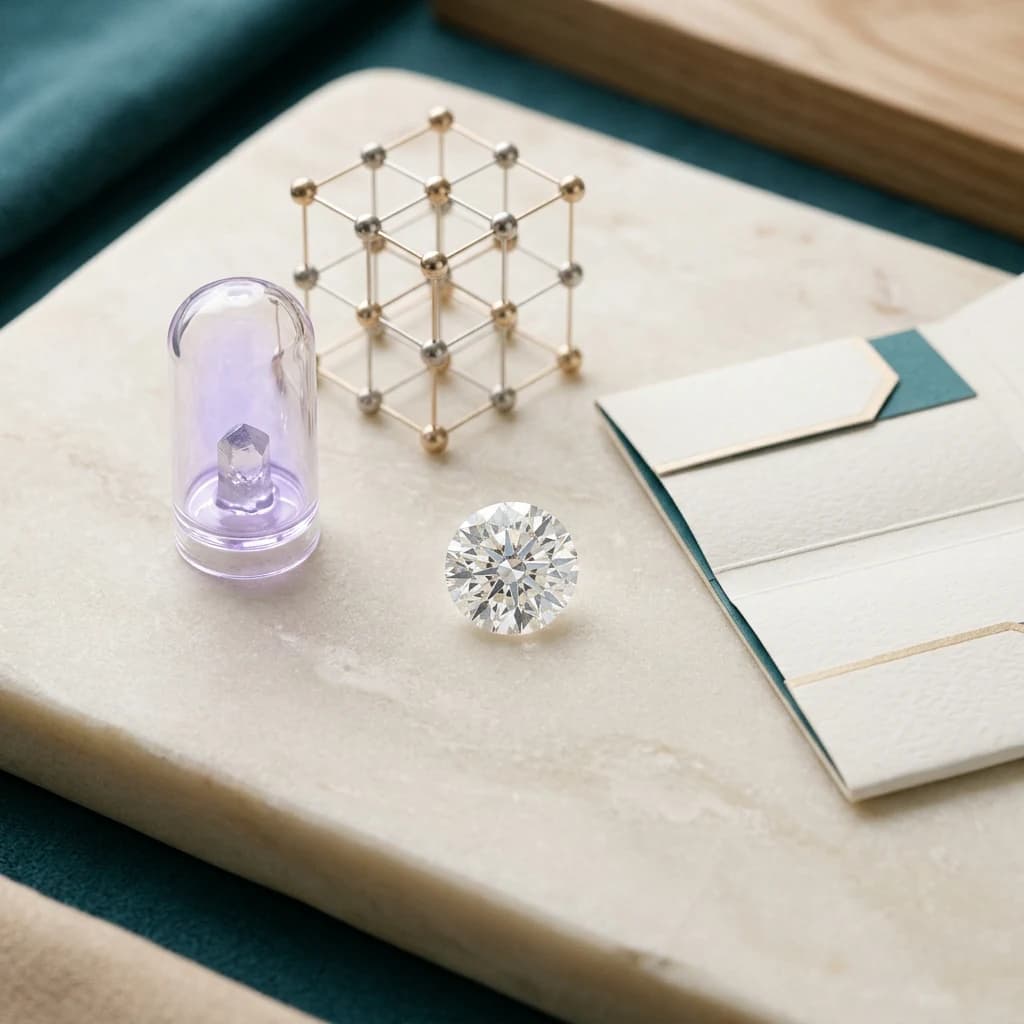 Polished lab-grown round brilliant diamond with growth chamber, carbon lattice model and blank report folder